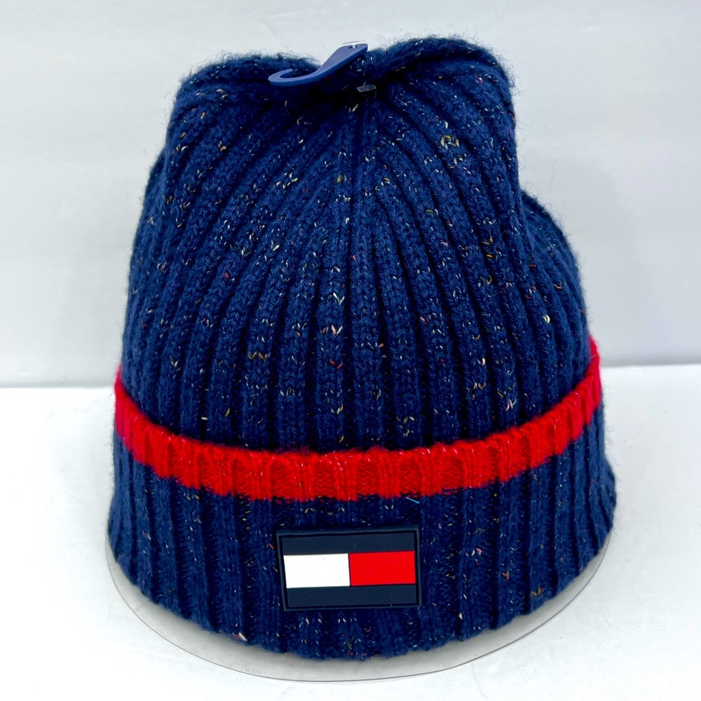 TOMMY HILFIGER, WARM BEANIE, NAVY & RED,77%ACRYLIC,22%POLYESTER 1%SPANDEX UNISEX